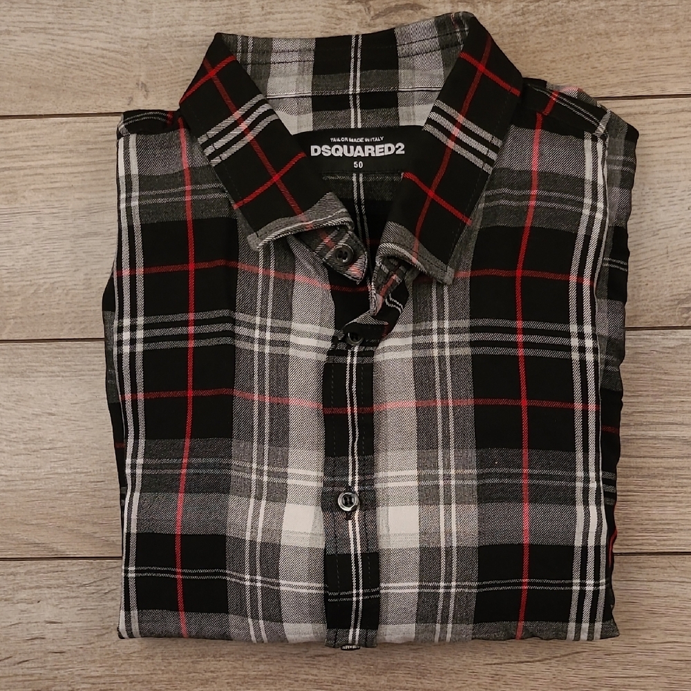 DSQUARED2 Italy Tailor Made Red Black Plaid Rayon Sz 50 Medium Long Sleeve Shirt